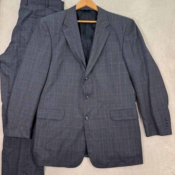 Jos A Bank Mens 46L Charcoal Grey Plaid Wool Suit 2 Piece Jacket Pants 40x30 GUC